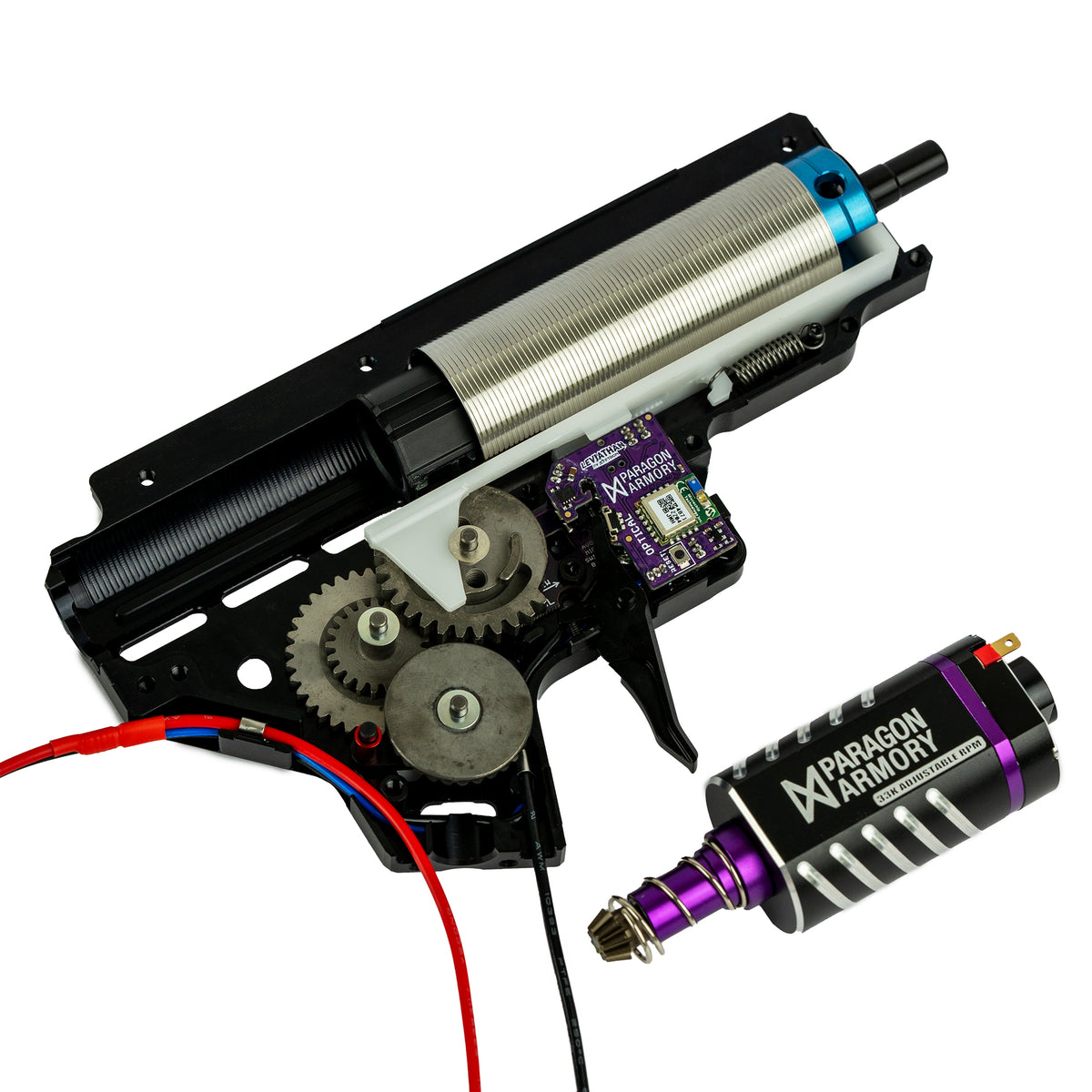 Paragon Spec Fully Upgraded Drop-in Gearbox (V2) featuring siegetek gears, retro arms gearbox shell. retro arms piston, jefftron leviathan mosfet. fps softair cylinder, paragon armory 33k brushless motor