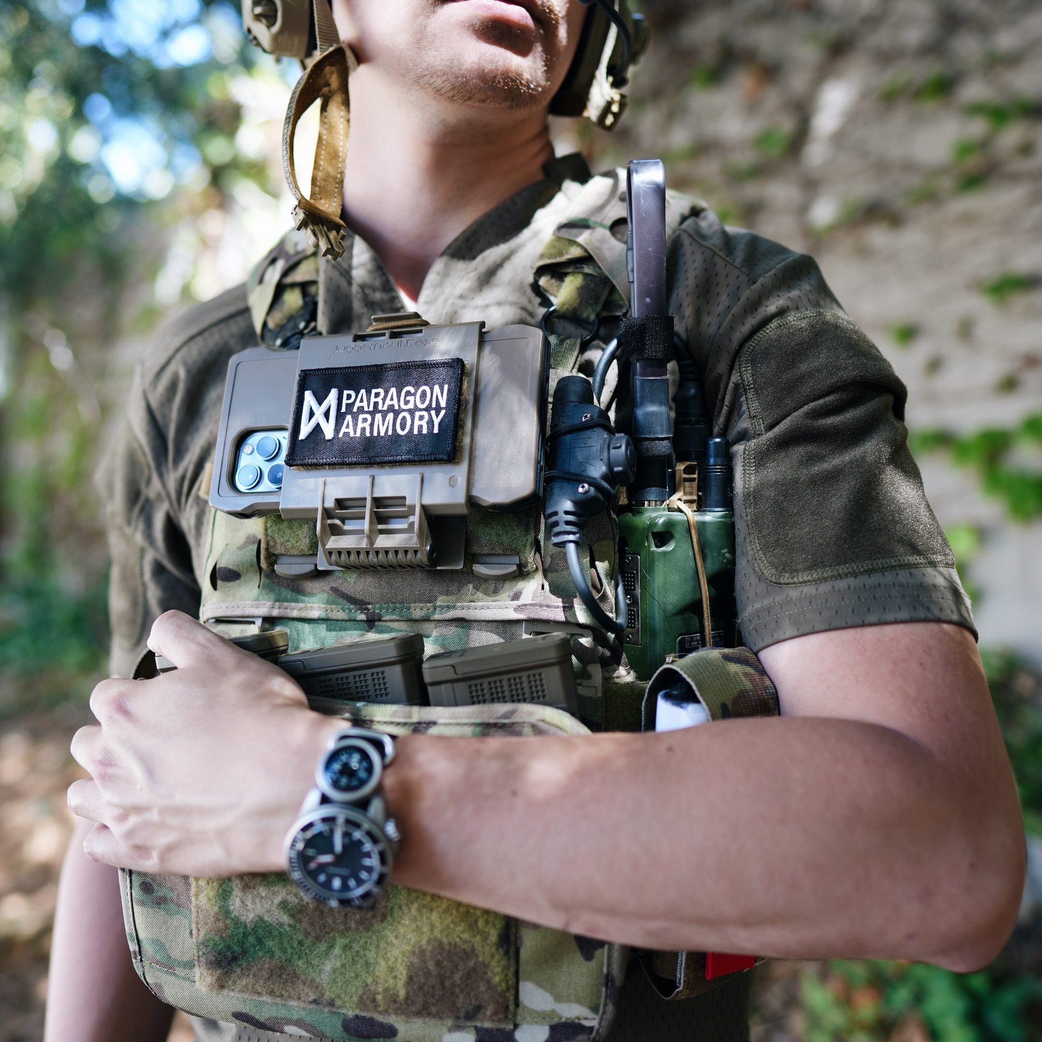 michael paragon armory wearing OG paragon armory patch on juggernaut phone case